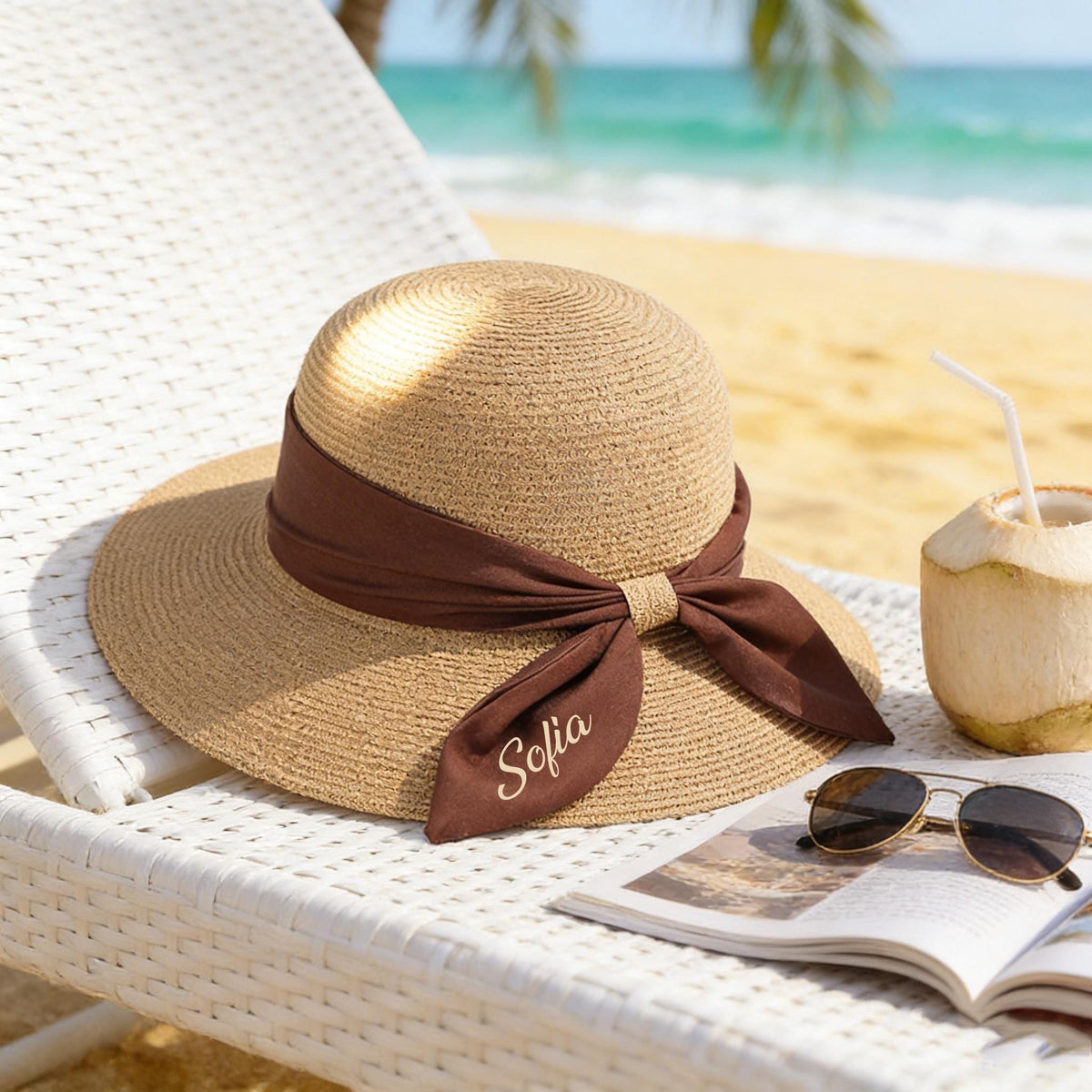Personalized Straw Sun Hat with Embroidered Ribbon - Gift For Daughter, Mom, Grandma