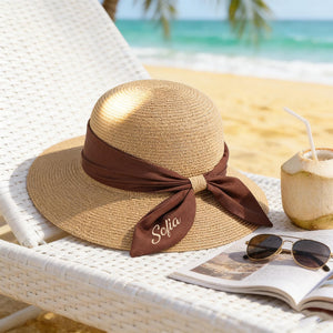 Personalized Straw Sun Hat with Embroidered Ribbon - Gift For Daughter, Mom, Grandma