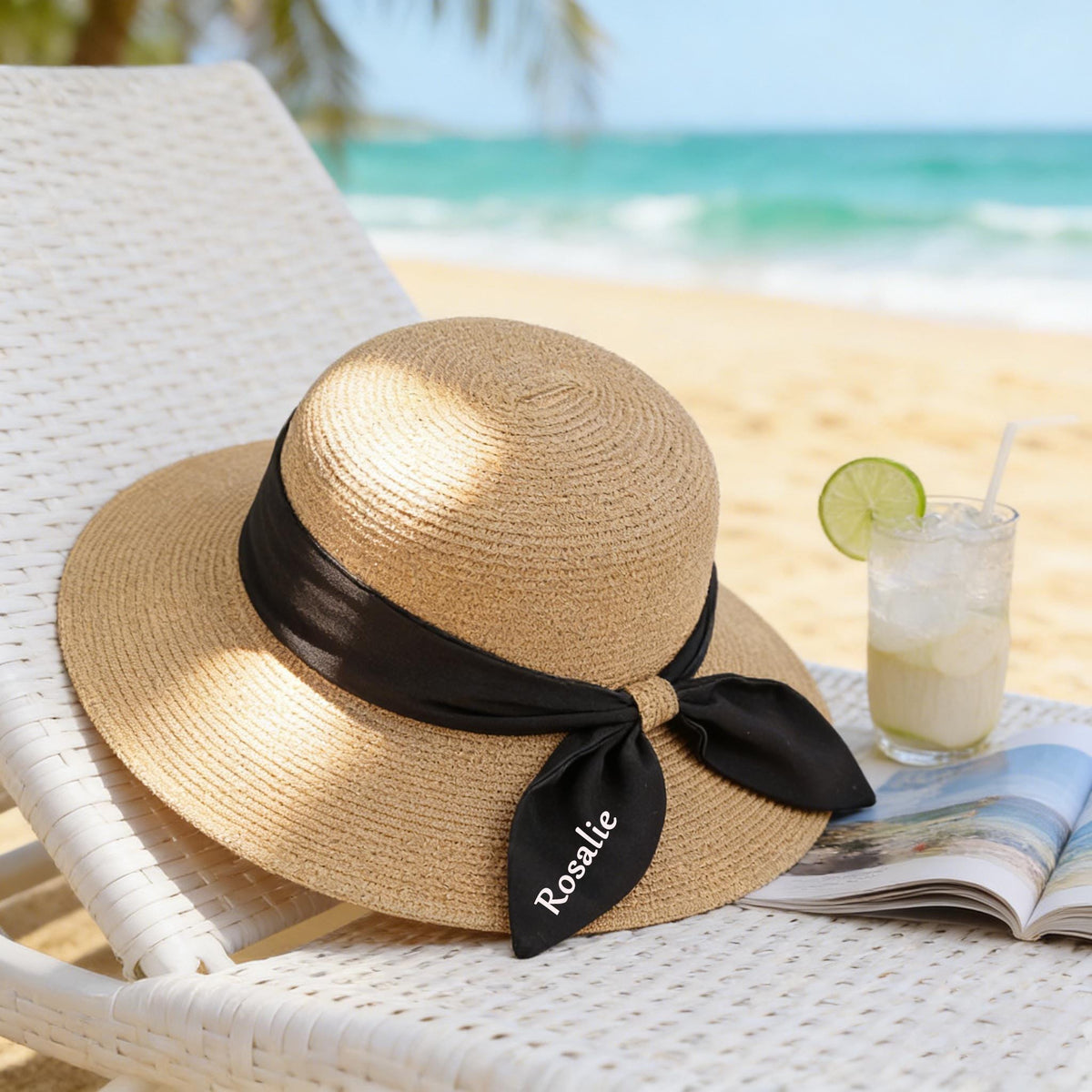 Personalized Straw Sun Hat with Embroidered Ribbon - Gift For Daughter, Mom, Grandma