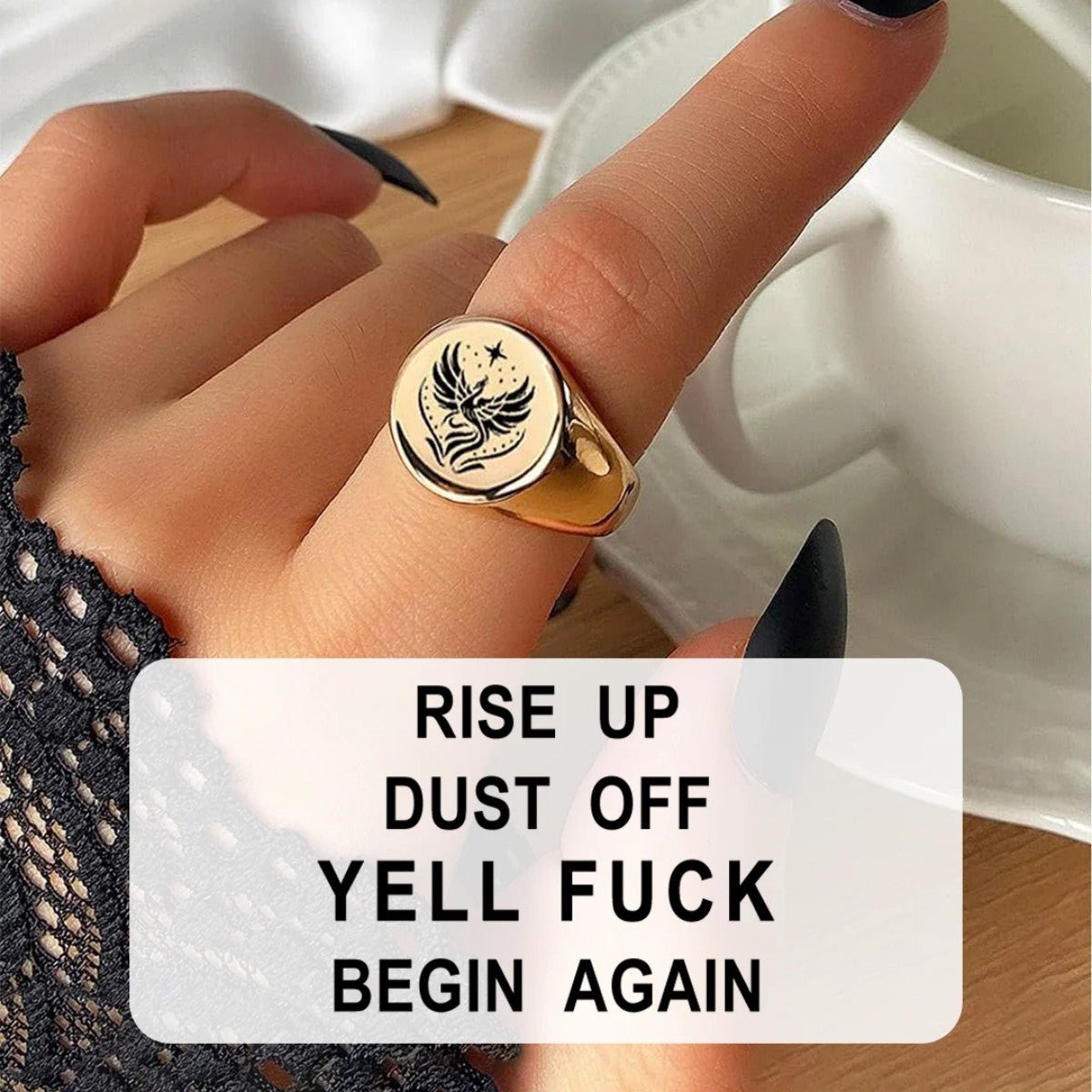 Rise Up Dust Off Phoenix Signet Round Ring
