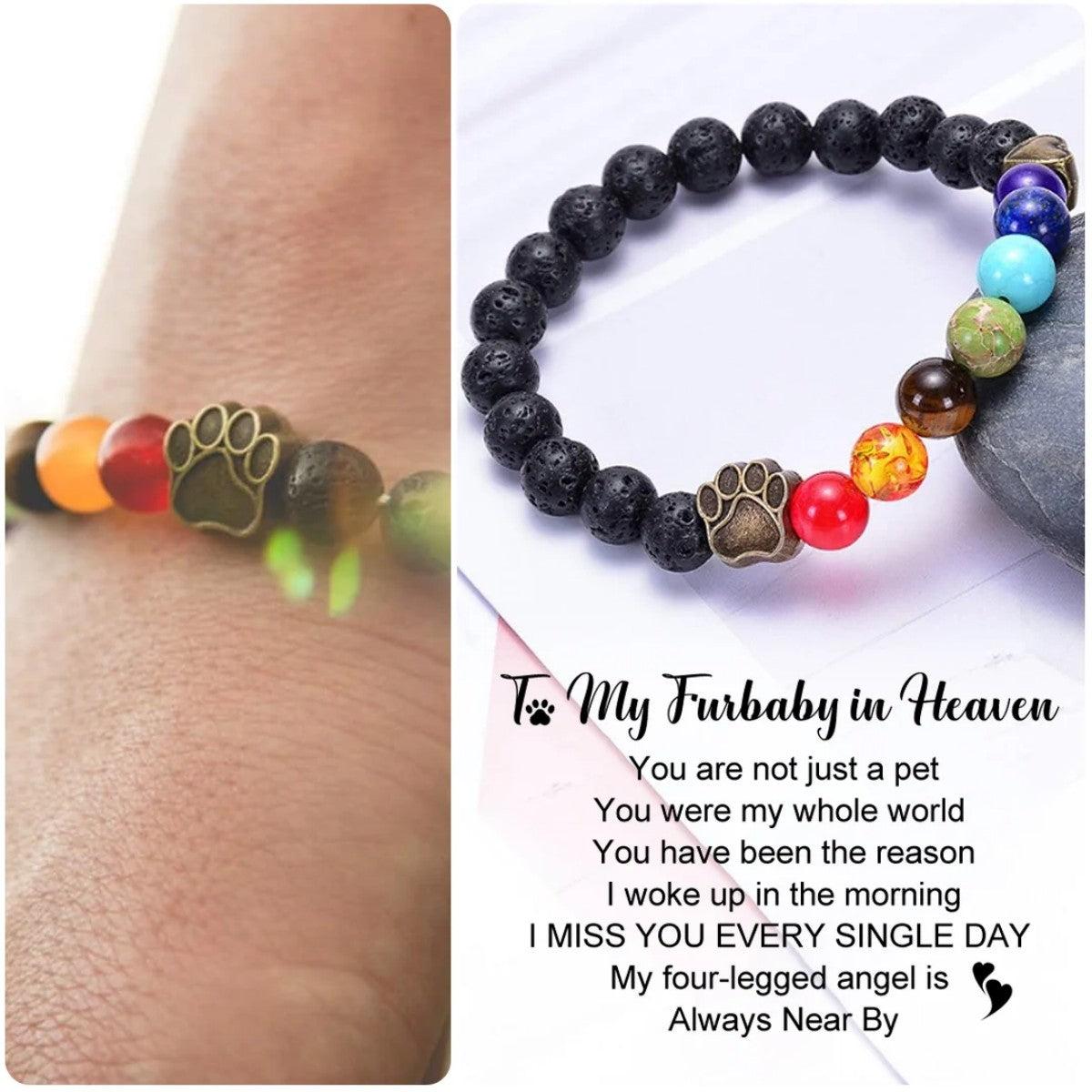 To My Furbaby in Heaven-Rainbow Heart Paw Print Beaded Bracelet