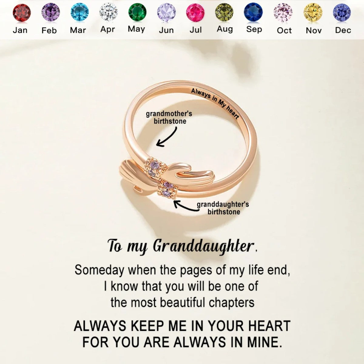 For Granddaughter - Always Keep Me In Your Heart Custom Birthstone Hug Ring