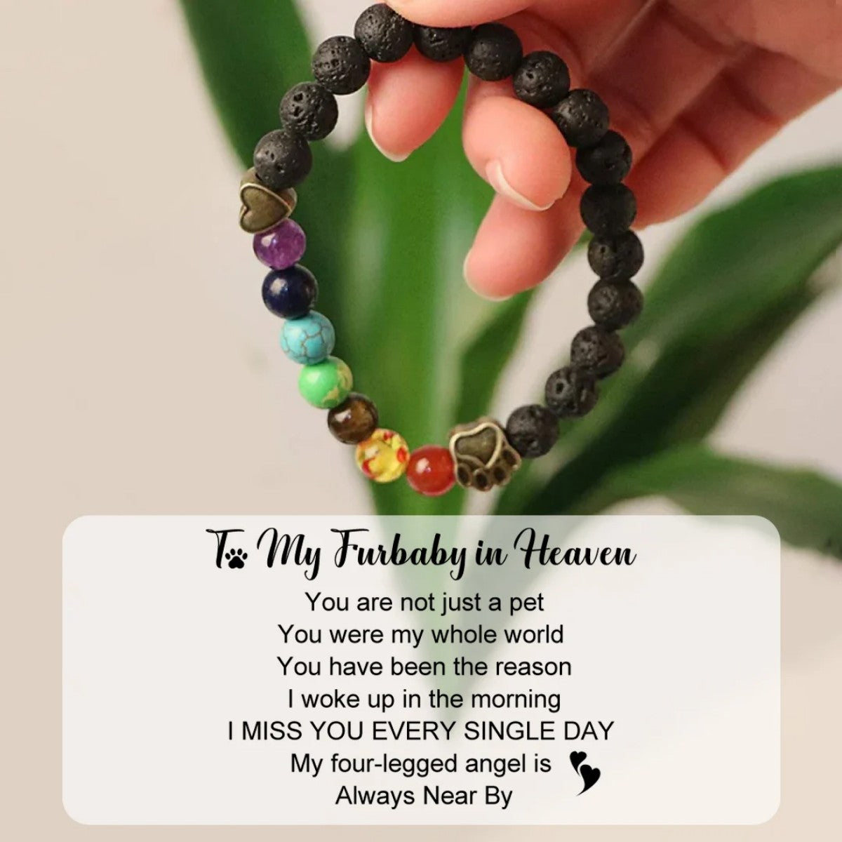To My Furbaby in Heaven-Rainbow Heart Paw Print Beaded Bracelet