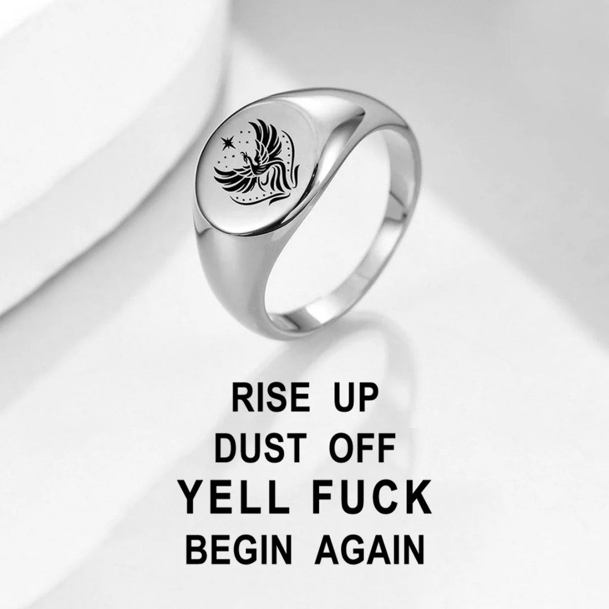 Rise Up Dust Off Phoenix Signet Round Ring