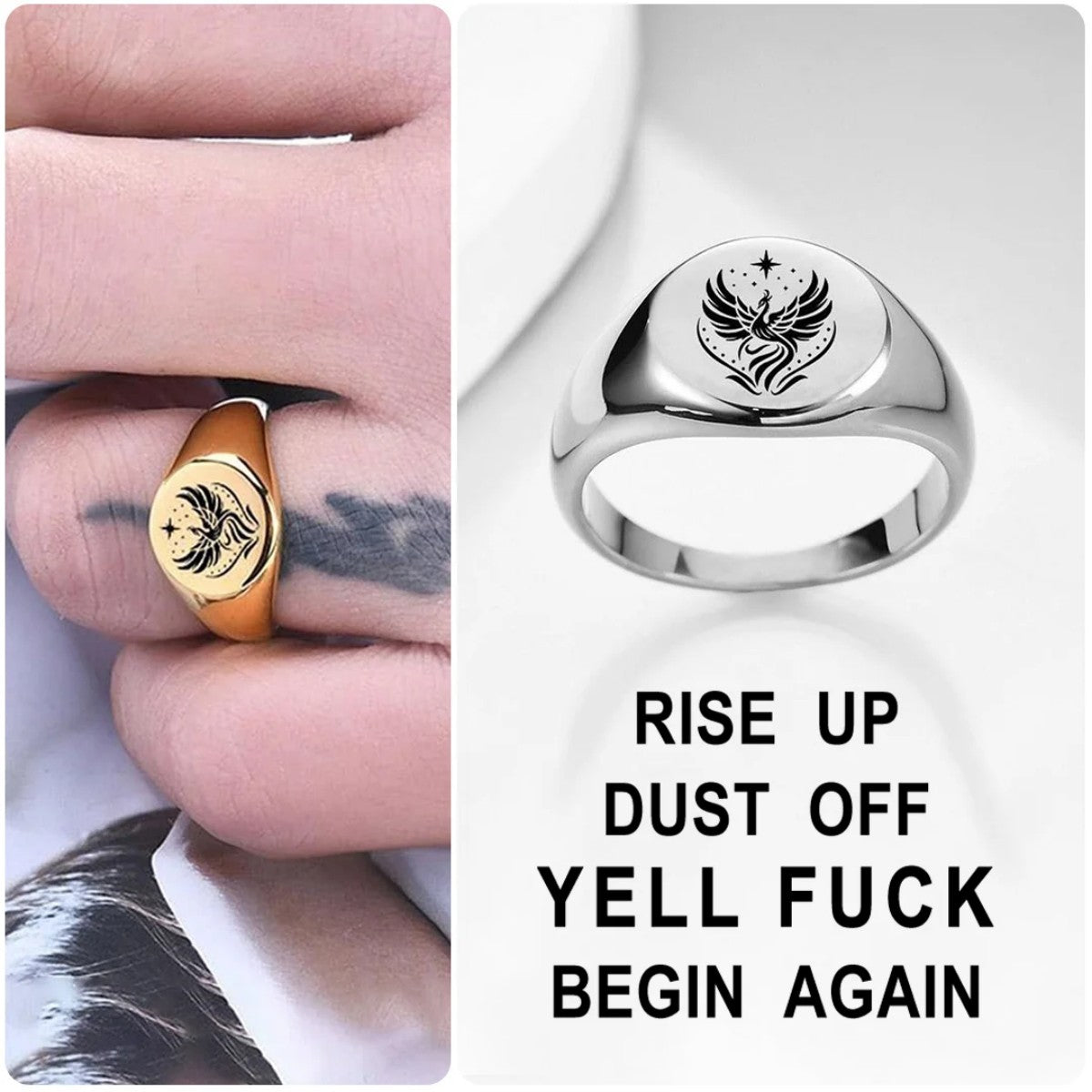 Rise Up Dust Off Phoenix Signet Round Ring