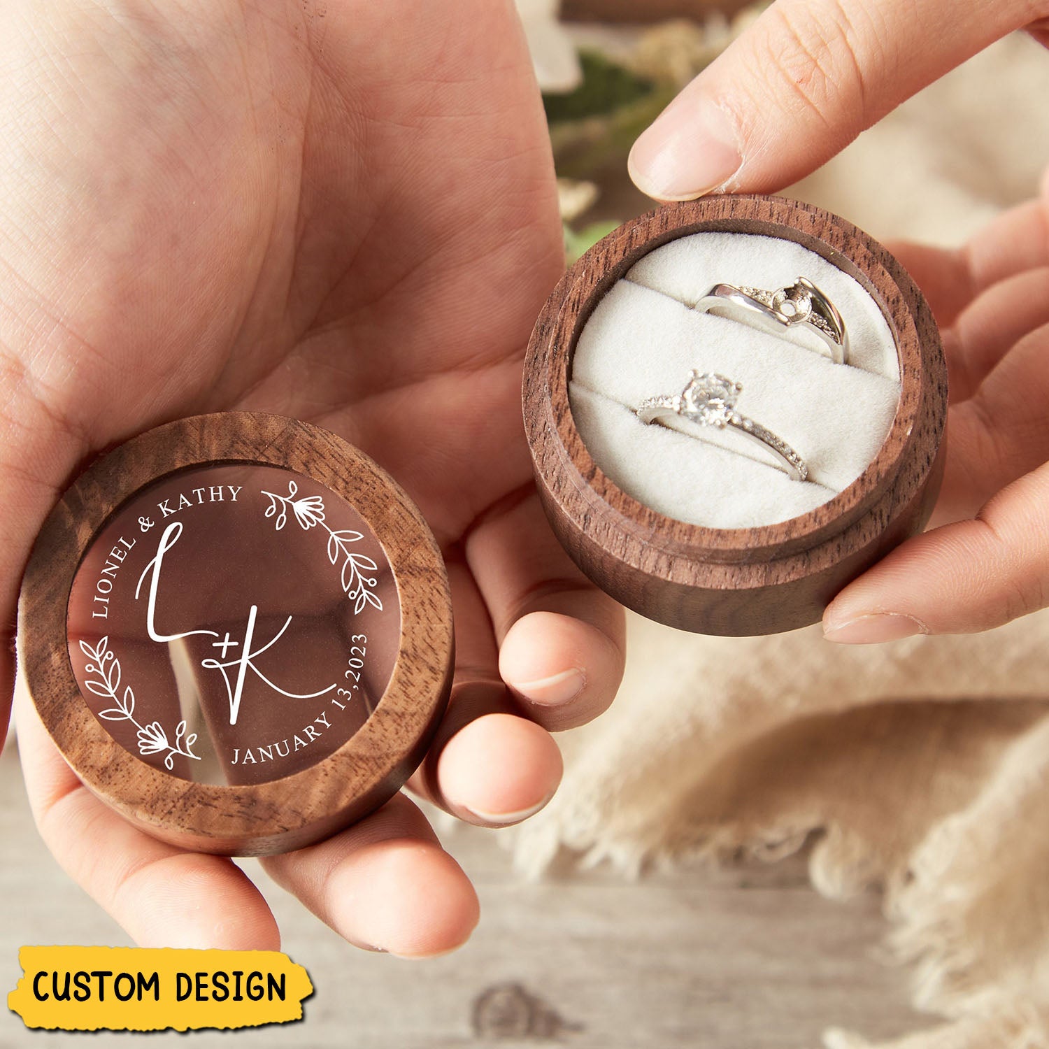 Personalized Round Engagement Wood Ring Box, Gift For Her