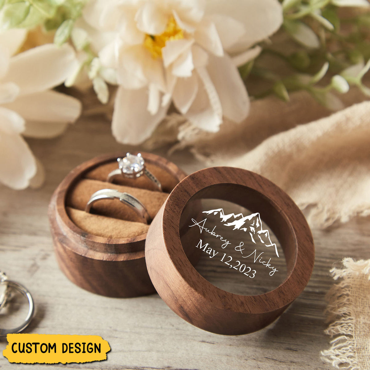 Personalized Round Engagement Wood Ring Box, Gift For Her