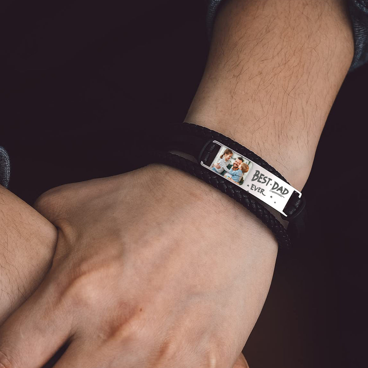 Best Dad Grandpa Ever - Personalised Cuff Leather Bracelet With Photo, Men's Bracelet Gift for Dad
