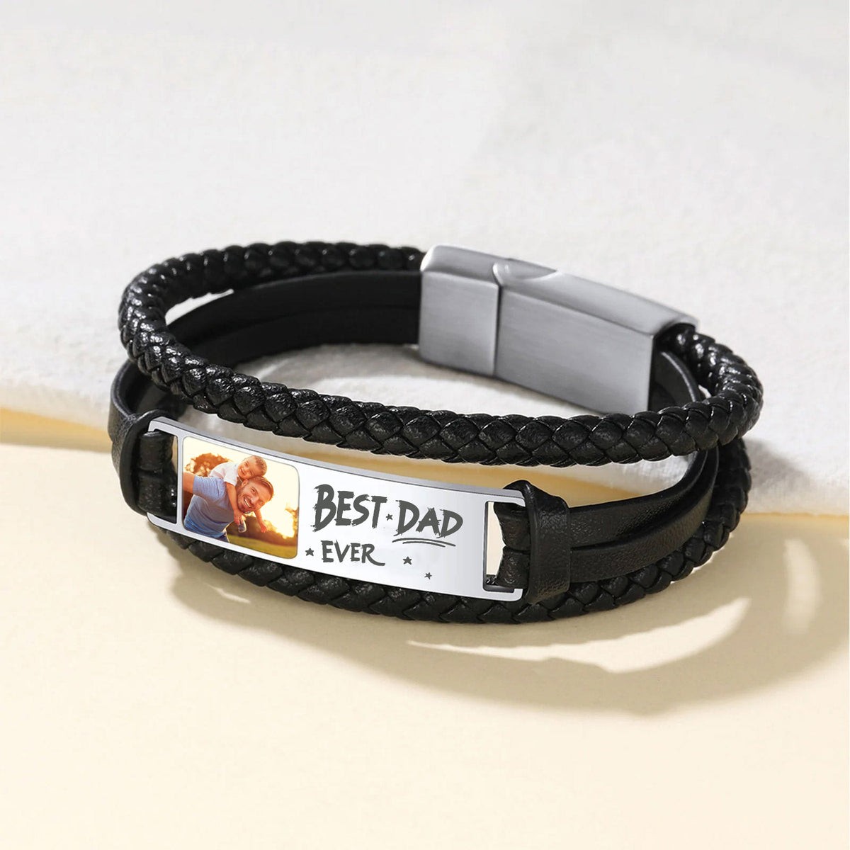 Best Dad Grandpa Ever - Personalised Cuff Leather Bracelet With Photo, Men's Bracelet Gift for Dad