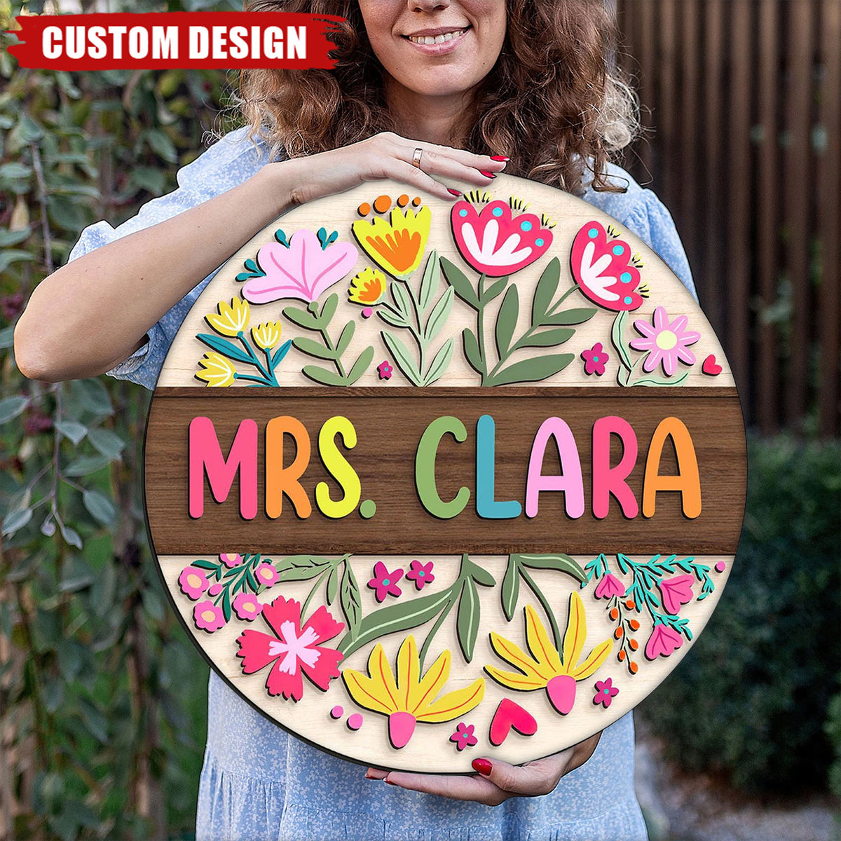 Teacher Flower Pattern - Personalized Shaped Wood Sign, Back To School Gift