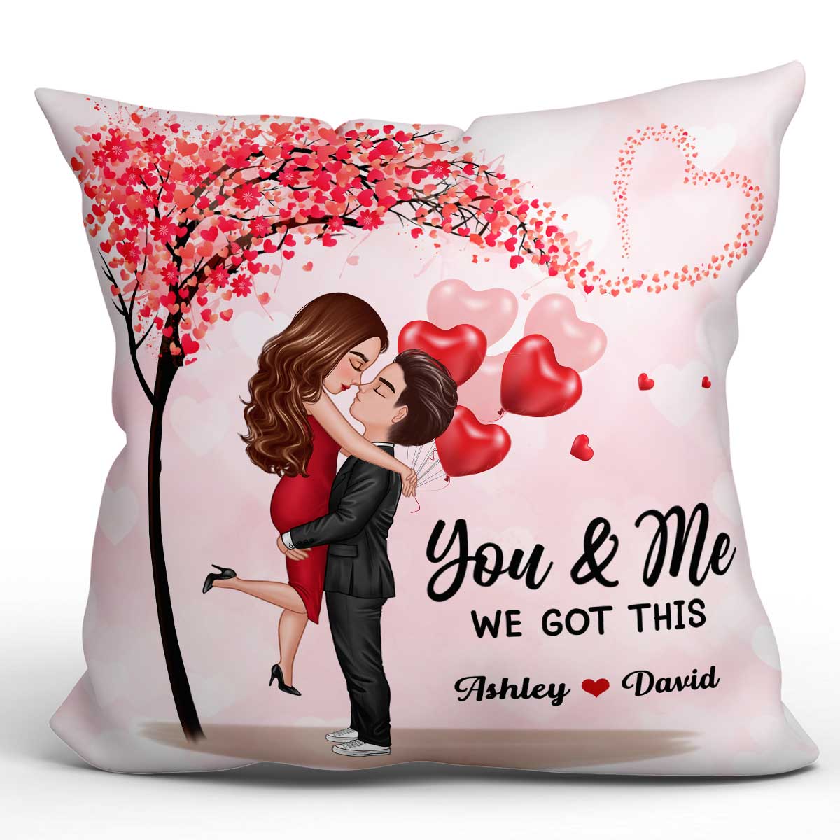 Couple Hugging Kissing Under Heart Tree Personalized Pillow - Valentine‘s Day Gift