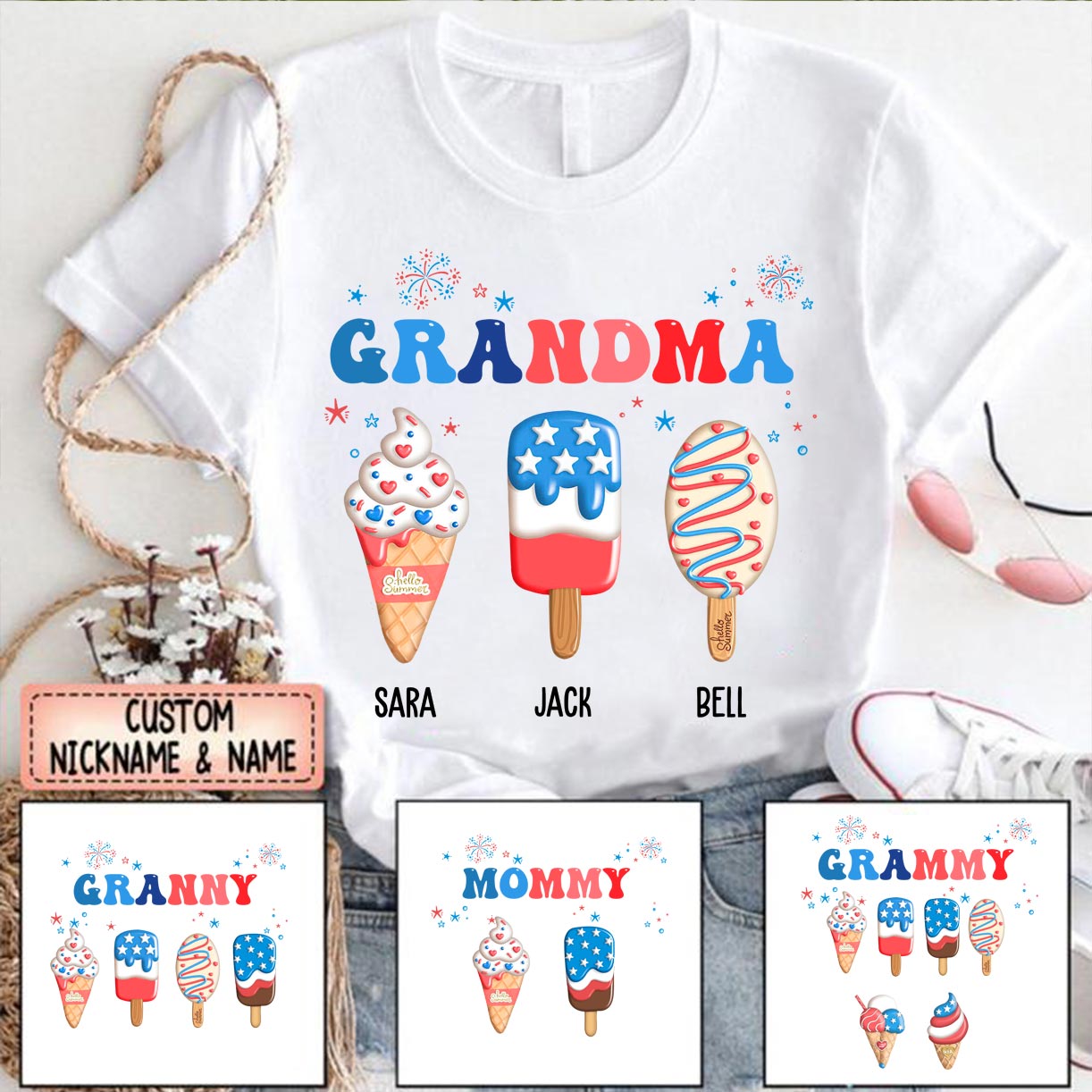 Personalized Grandma Nana Mommy 4th Of July Ice Cream Grandkids T-shirt