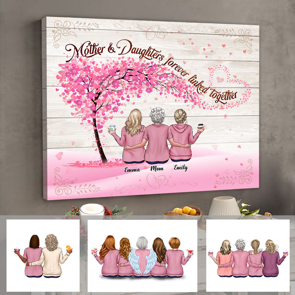 Mother & Daughters Forever Linked Together - Family Personalized Custom Horizontal Poster - Gift For Daughter From Mother