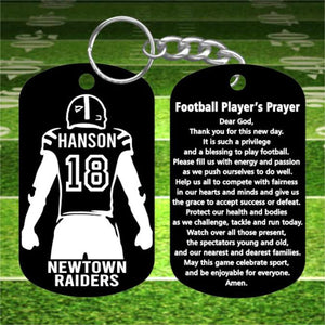 Football Player Gift - Dog Tag Keychain with Player's Prayer - Super Tough Metal - Personalized with Name, Number and Team