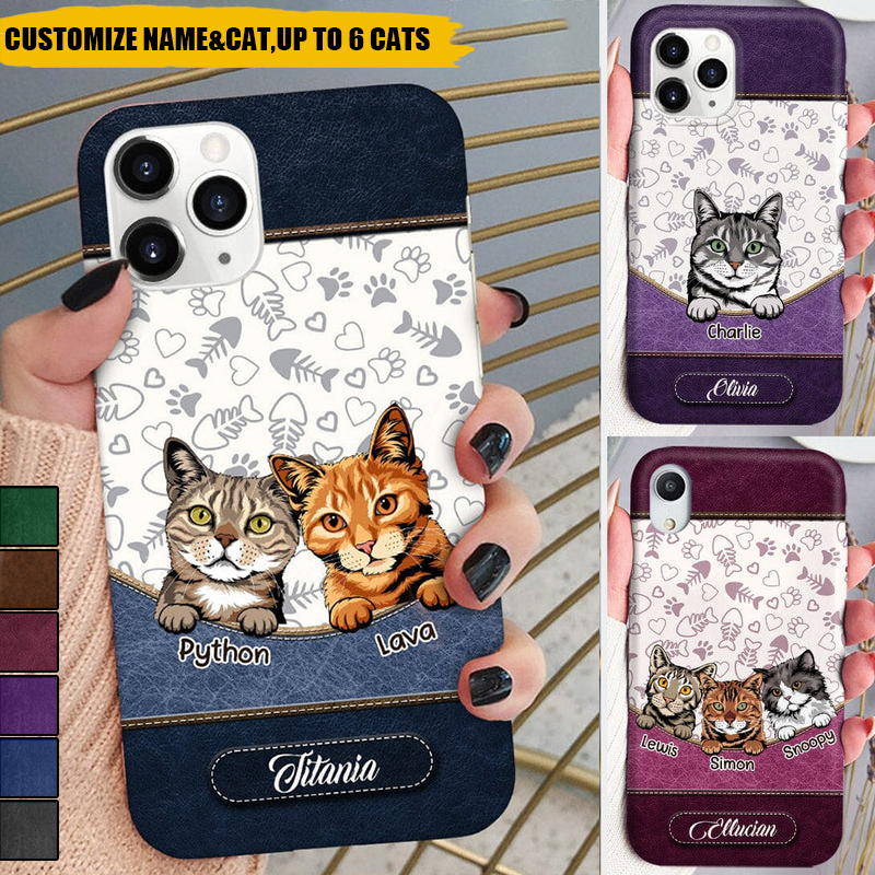 Leather Texture Cute Cat Kitten Pet Personalized Phone case Purrfect Gift for Cat Lovers