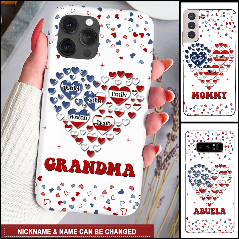 4th of July American Flag Heart Grandma Auntie Mom Kids Personalized Phone Case