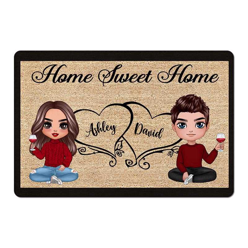 Doll Couple Sitting Home Sweet Home Gift Personalized Doormat - Gift For Couple
