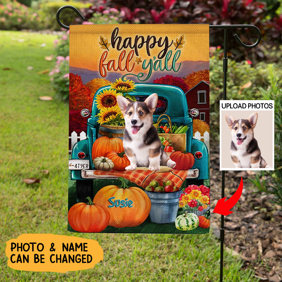 Happy Fall Yall - Personalized Photo And Name Garden Flag - Gift For Dog Lovers