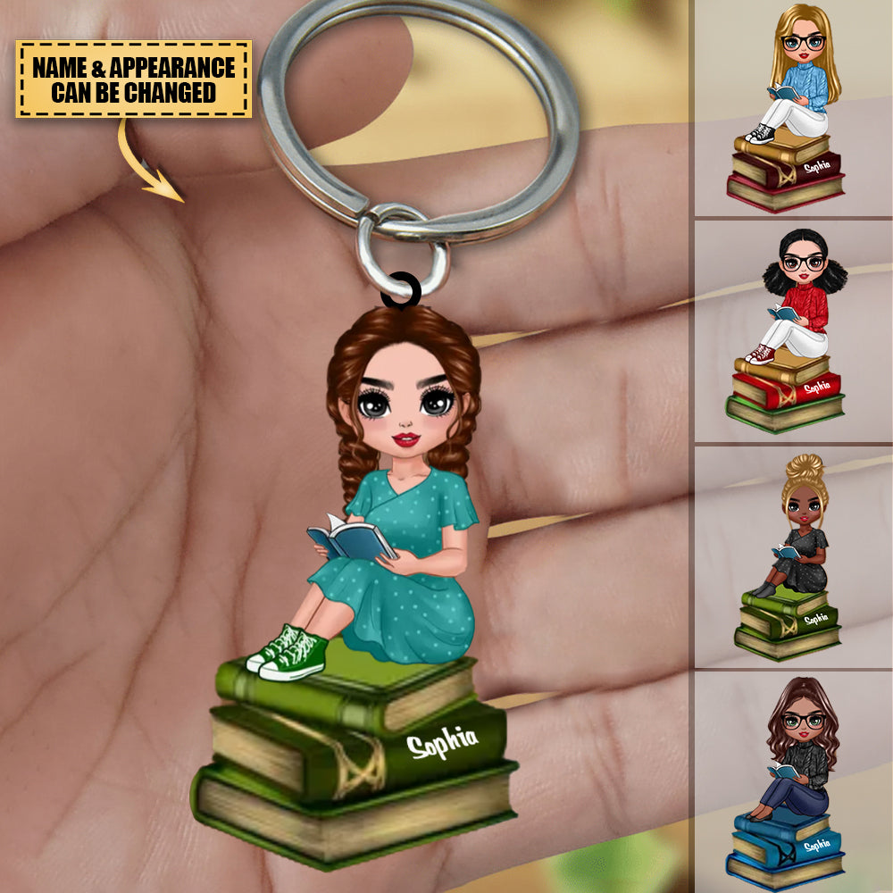 Reading Keychains Reading Girls Sitting On Books Personalized Keychain - roadsir