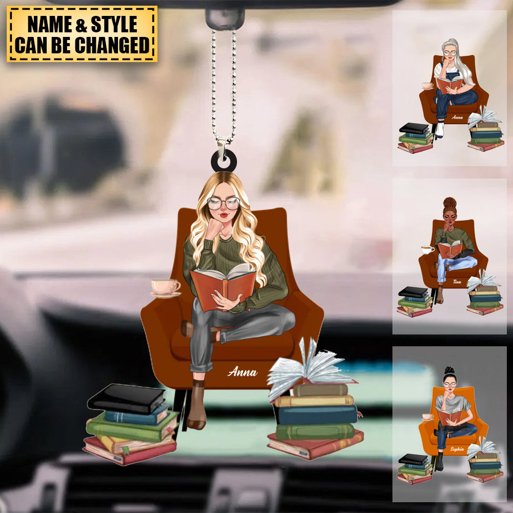 Girl Reading Book Sitting On A Chair - Custom Book Titles, Personalized Acrylic Ornament