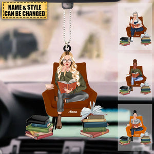 Girl Reading Book Sitting On A Chair - Custom Book Titles, Personalized Acrylic Ornament