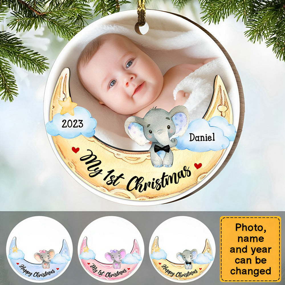 Elephant Baby And Moon First Christmas Circle Ornament