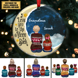 Family - Grandma Grandkids On Moon - Personalized Circle Ornament