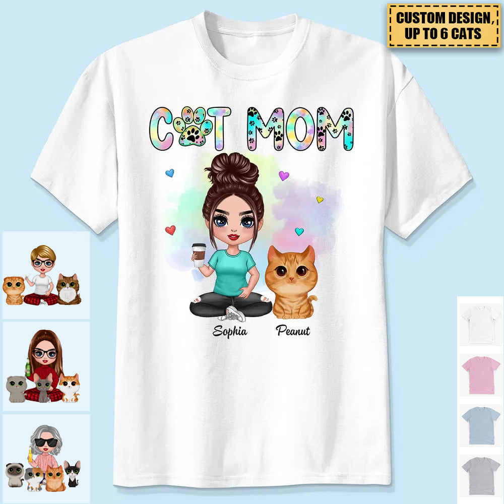 Pastel Paw Patterns Cat Mom Watercolor Cute Cats Personalized Shirt - Gift For Cat lovers