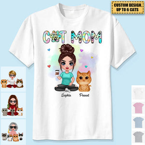Pastel Paw Patterns Cat Mom Watercolor Cute Cats Personalized Shirt - Gift For Cat lovers