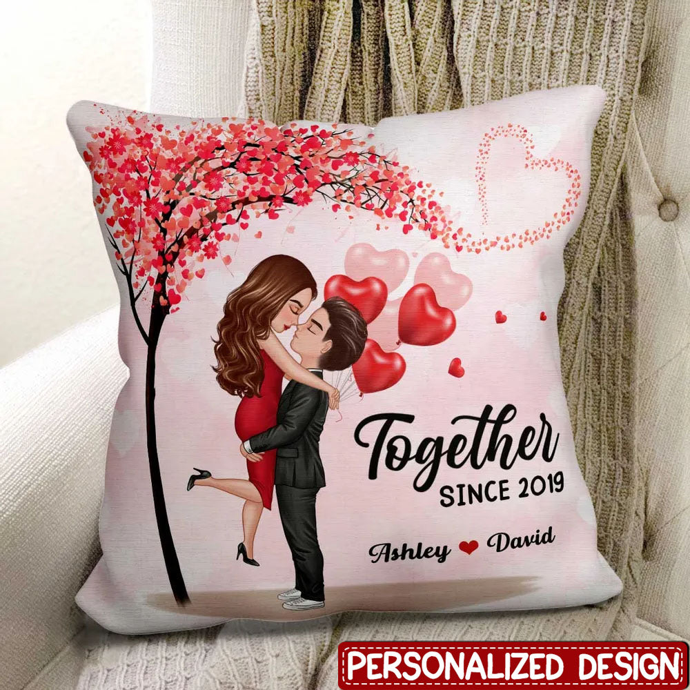 Couple Hugging Kissing Under Heart Tree Personalized Pillow - Valentine‘s Day Gift