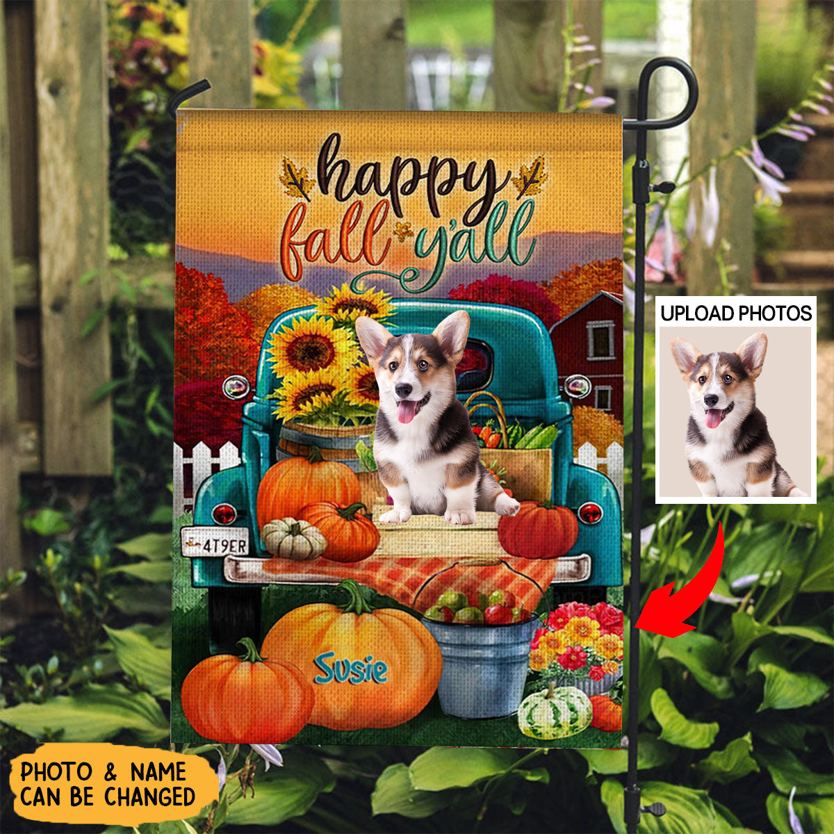 Happy Fall Yall - Personalized Photo And Name Garden Flag - Gift For Dog Lovers