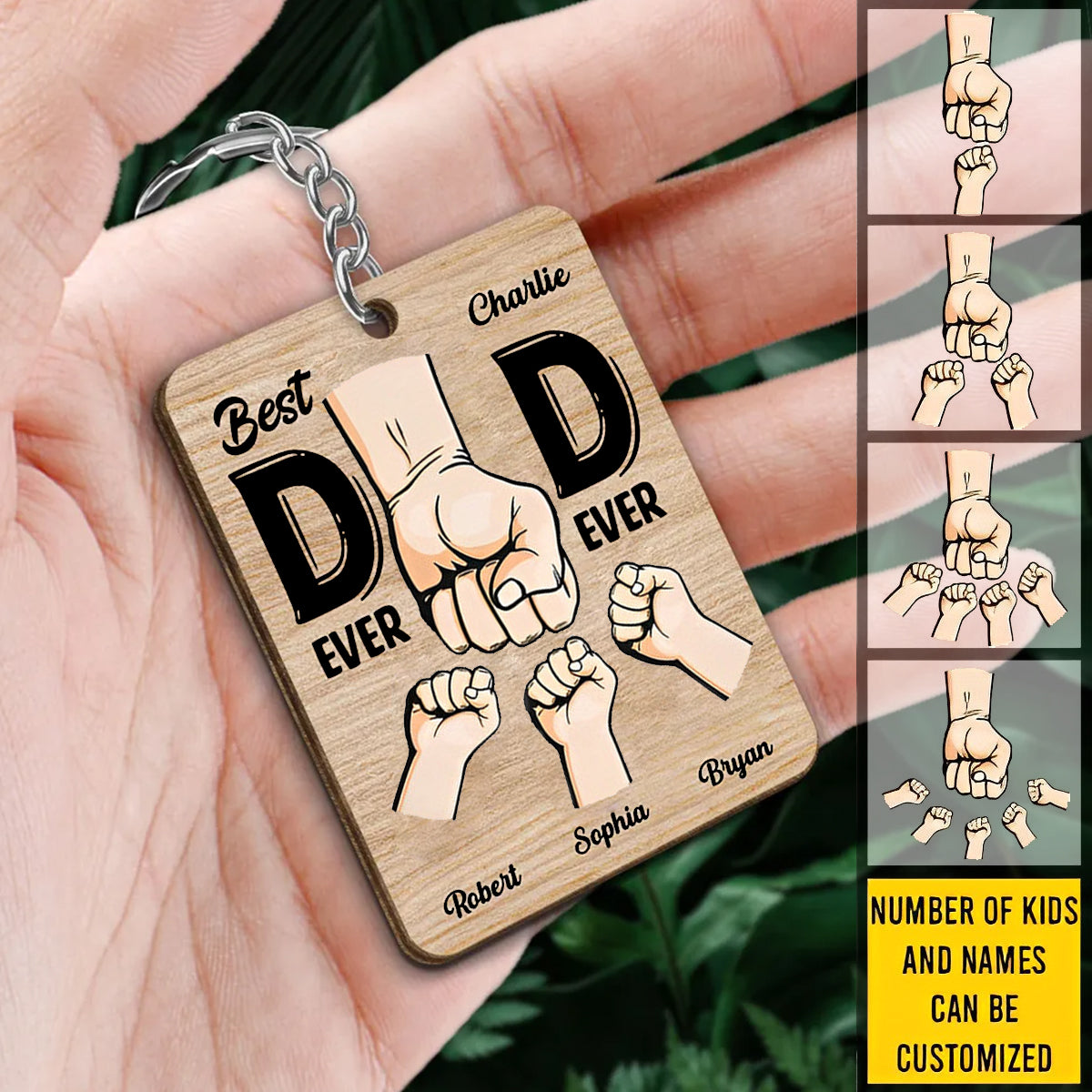 Best Dad Ever- Hands Fist Bump Personalized Wooden Keychain