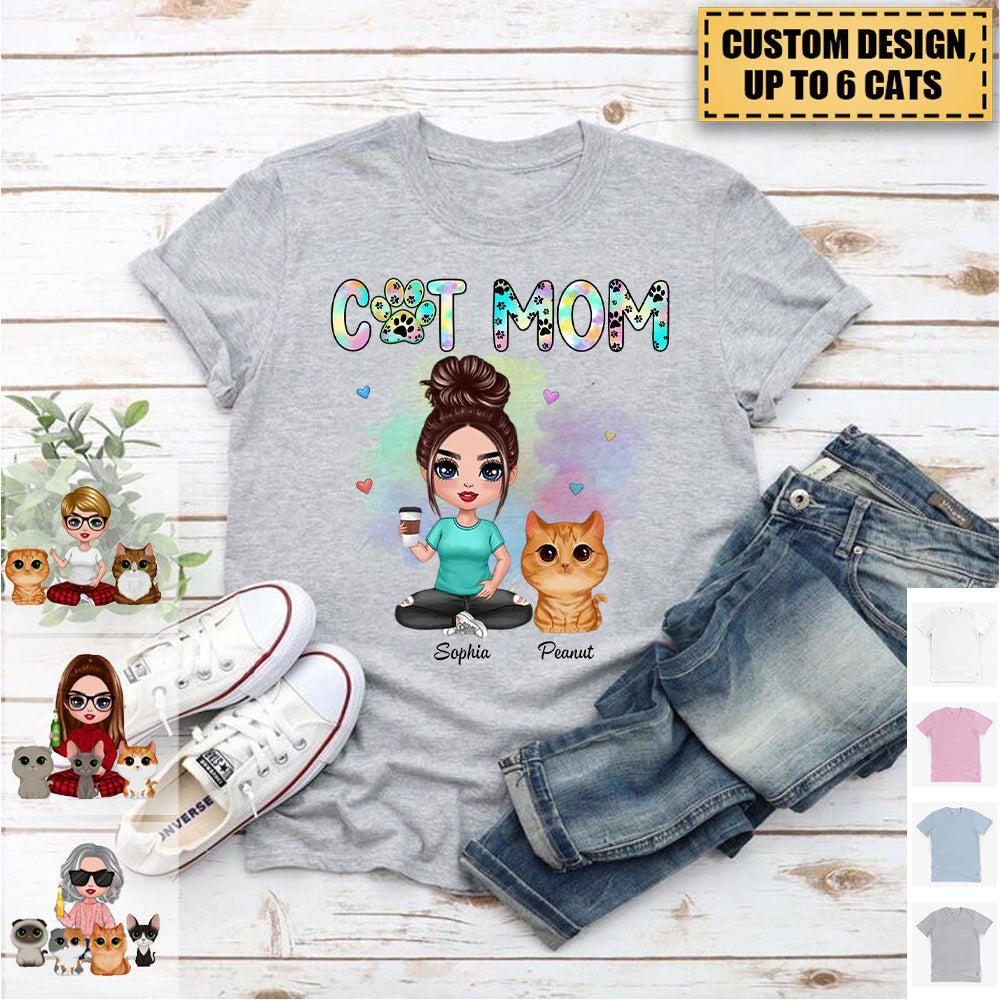 Pastel Paw Patterns Cat Mom Watercolor Cute Cats Personalized Shirt - Gift For Cat lovers
