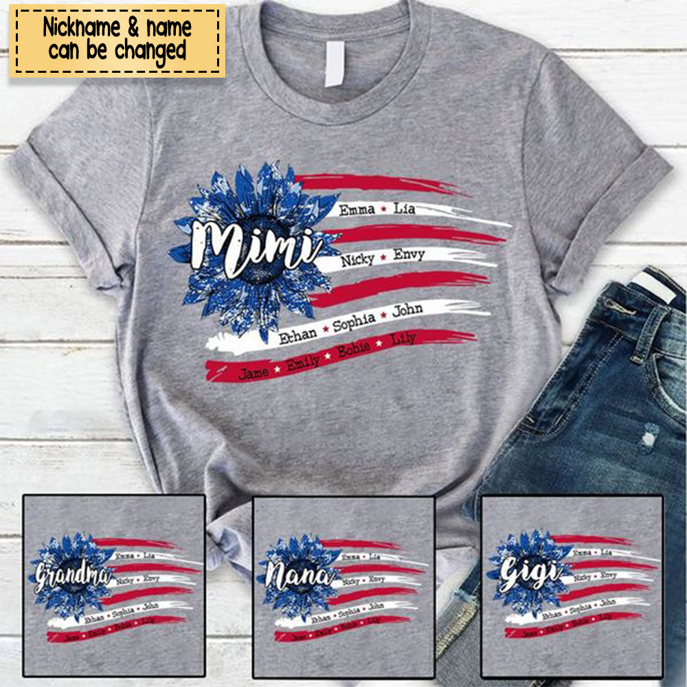 Personalized Grandma with Grandkids Sunflower American Flag T-Shirt