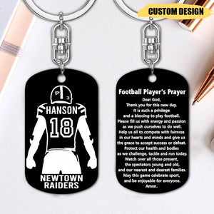 Football Player Gift - Dog Tag Keychain with Player's Prayer - Super Tough Metal - Personalized with Name, Number and Team
