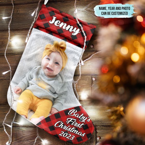 Custom Photo Plaid New Baby My First Christmas - Christmas Gift - Personalized Christmas Stocking