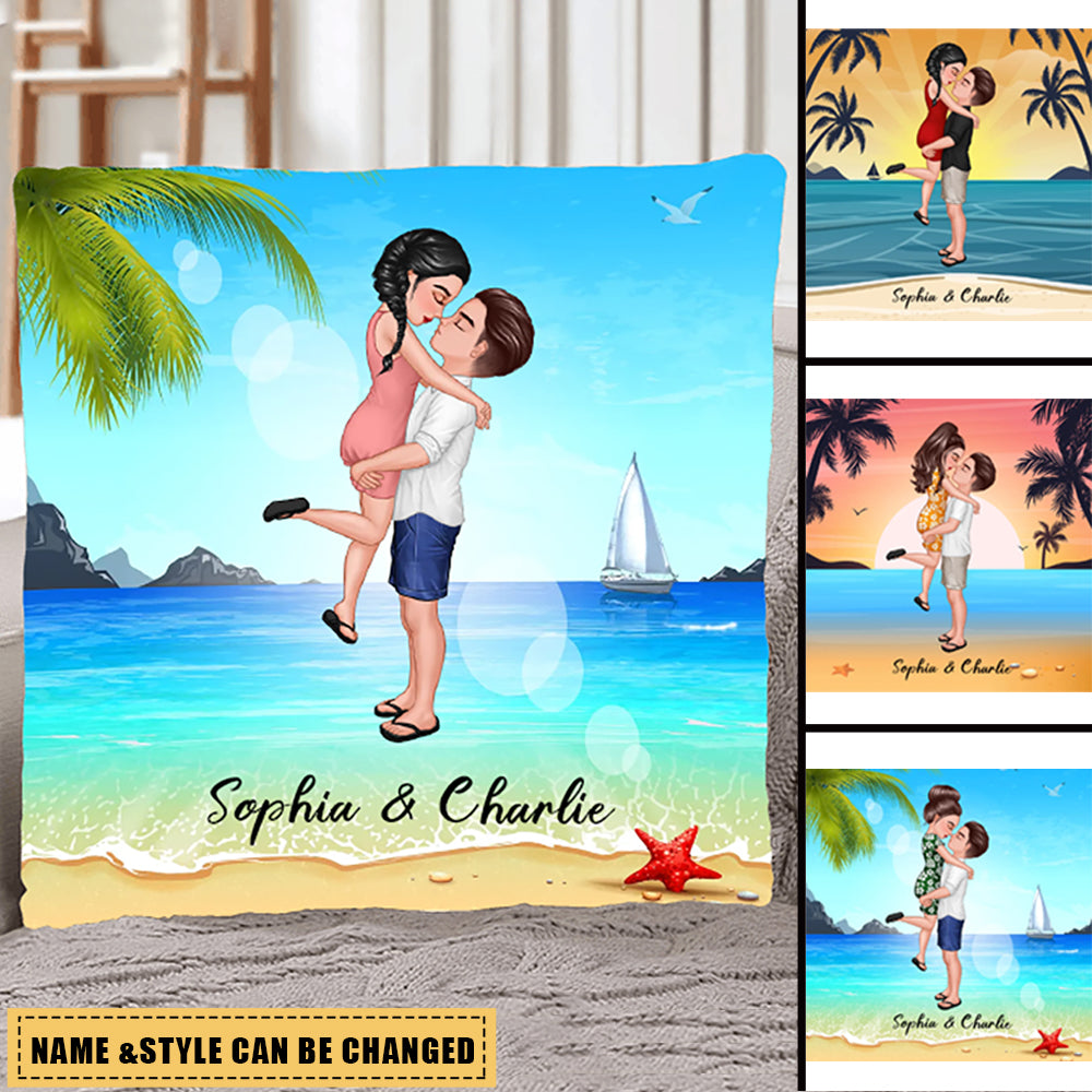 Summer Doll Couple Kissing Hugging On The Beach Personalized Pillow