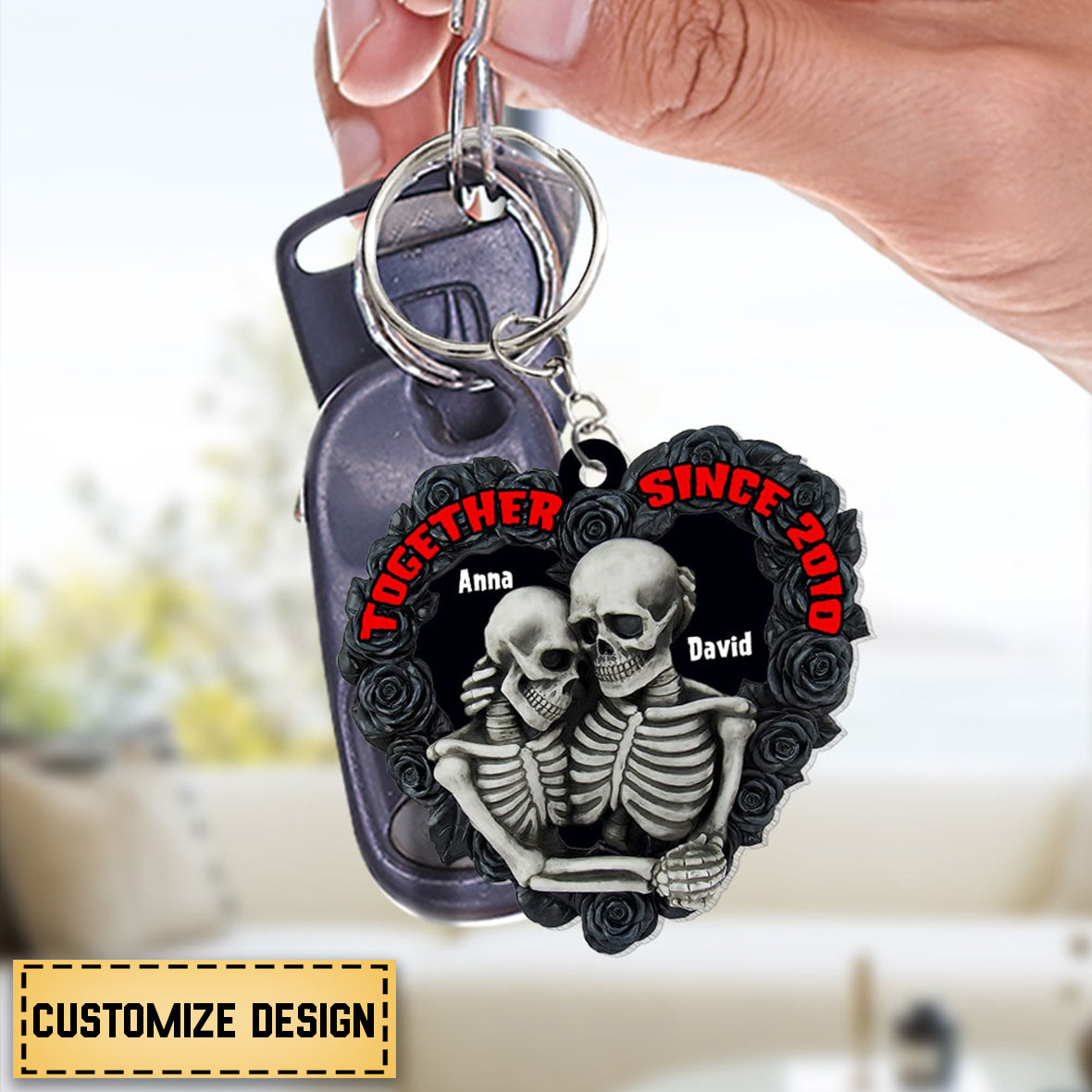 Personalized Skeleton Couple Keychain, Gift For Couple, Black Rose Heart Shape