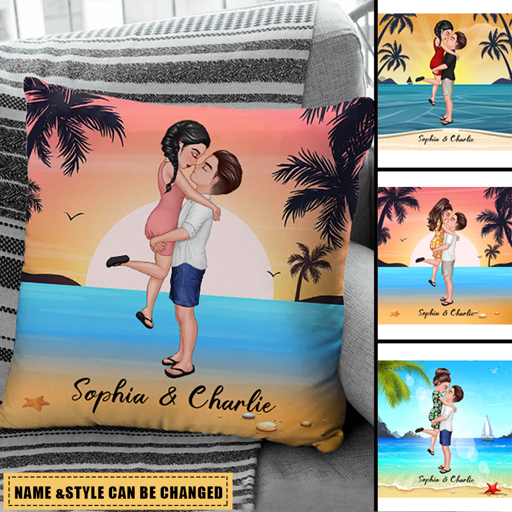 Summer Doll Couple Kissing Hugging On The Beach Personalized Pillow