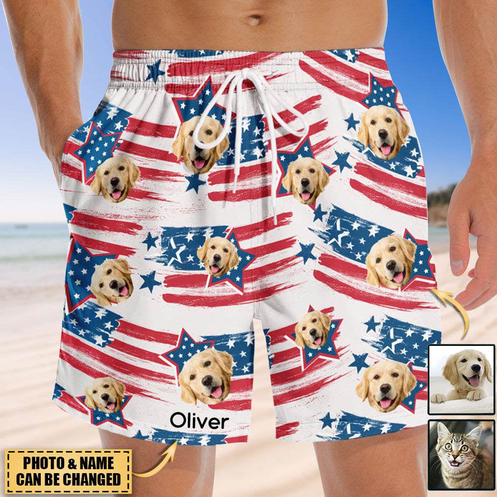 Custom Photo Stars, Stripes - Dog & Cat/Boy&Girl Personalized Custom Patriotic Men Beach Shorts - Independence Day, 4th Of July,Gift For Pet Lovers