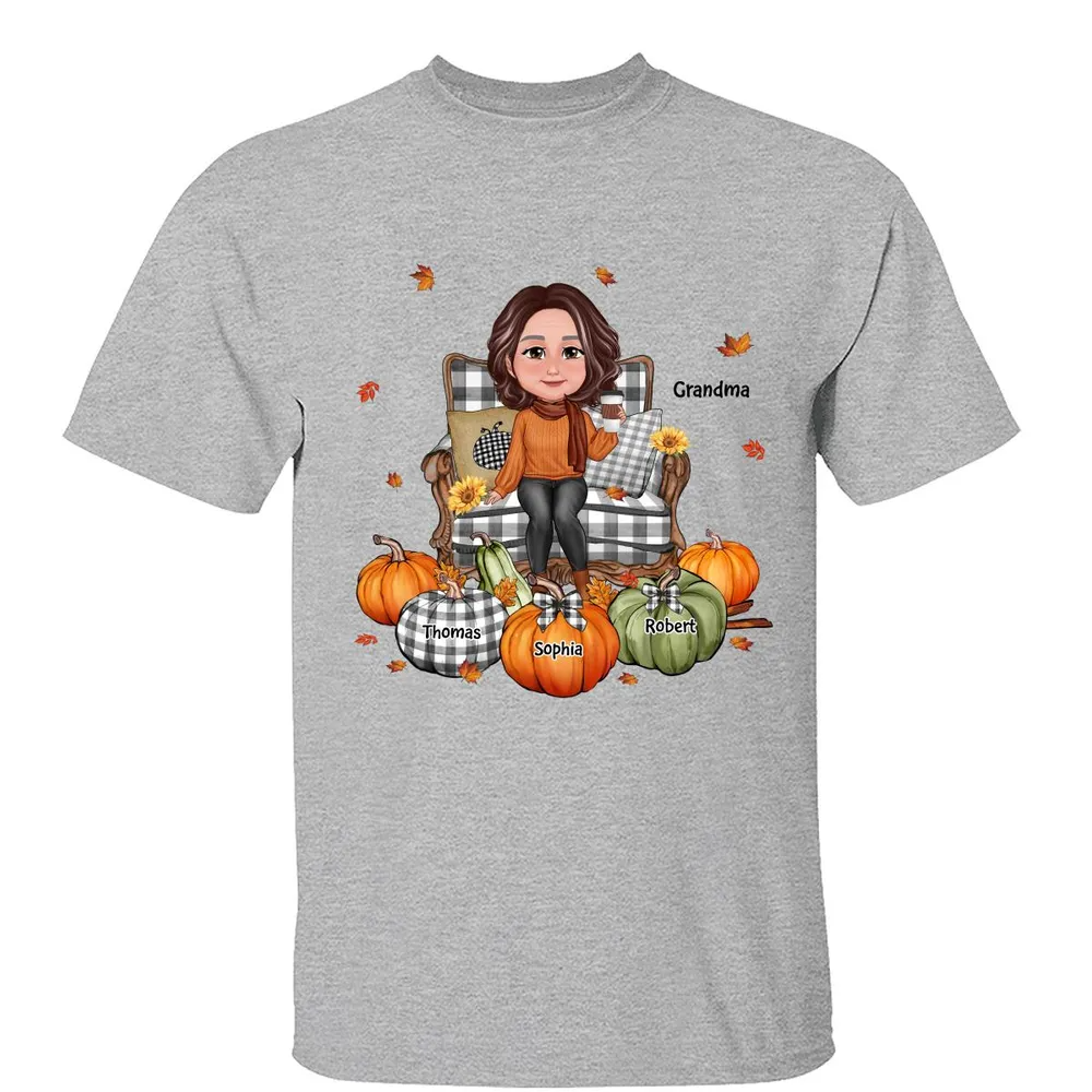 Grandma Sitting On Chair Pumpkins Personalized Shirt - Gift For Grandma