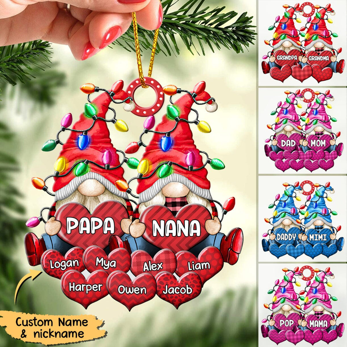 Colorful Christmas Light Couple Papa Grandma Nana Daddy Loves Sweet Heart Kids Personalized Ornament