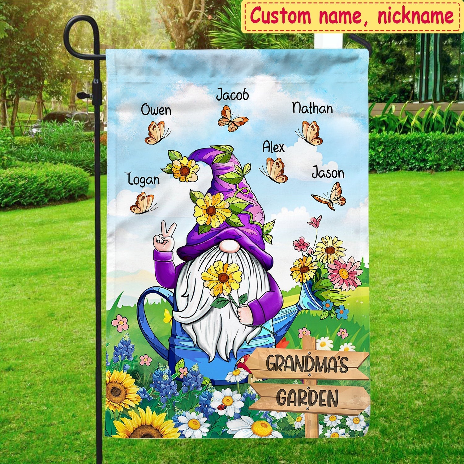 Violet Grandma Mom's Garden With Butterflies Kids, Perfect Gift For Mother's Day Personalized Flag