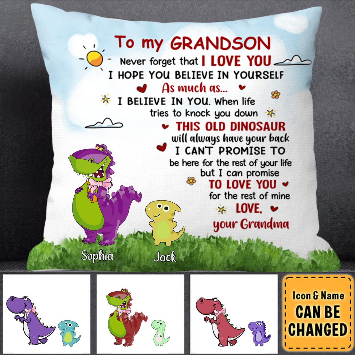 Personalized Custom To My Grandson Dinosaur Pillow, Gift Idea For Grandkid From Grandma, Never Forget That I Love You