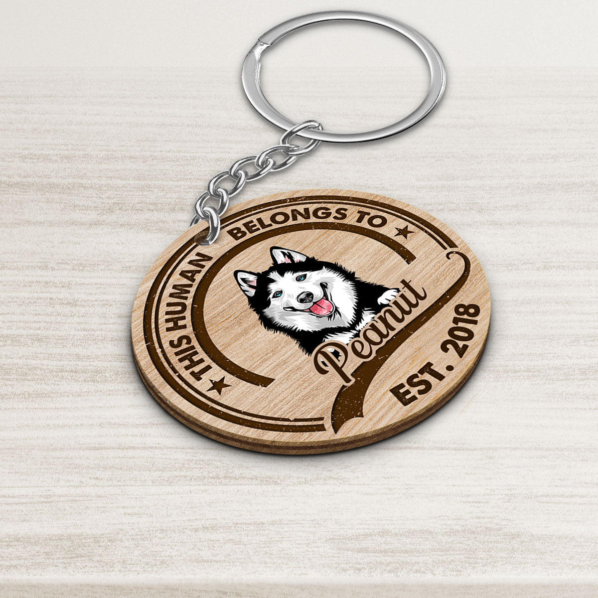 This Human Belongs To Peeking Dogs Personalized Wooden Keychain