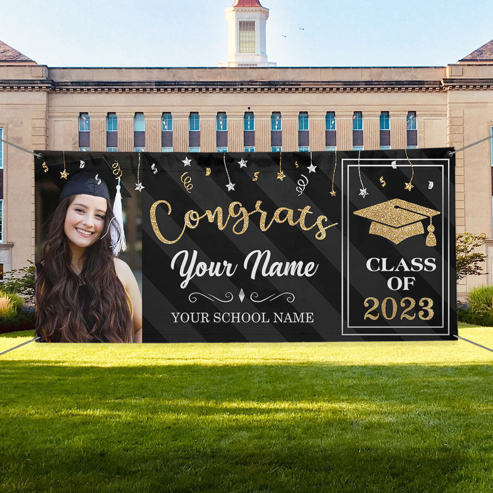 Custom Congrats Photo With Glitter Graduation 2023 Banner, Graduation Gift