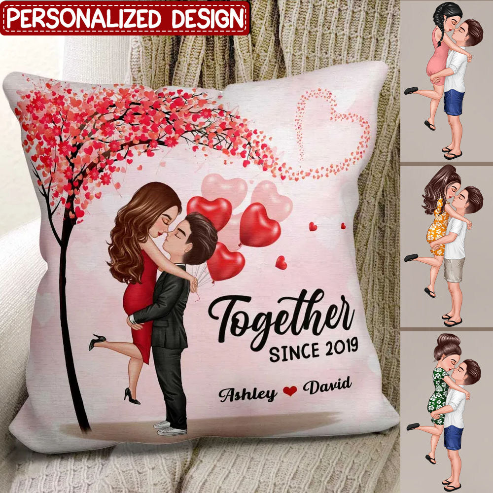 Couple Hugging Kissing Under Heart Tree Personalized Pillow - Valentine‘s Day Gift